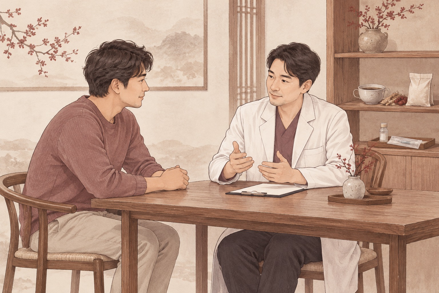 전립선질환 상담과 한약·약침 진료를 표현한 일러스트